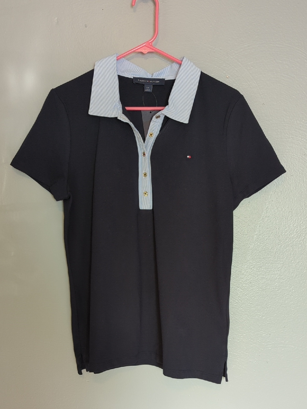 NWT Tommy Hilfiger Cornell Trim Short Sleeve Polo Navy Blue Gold Button L
